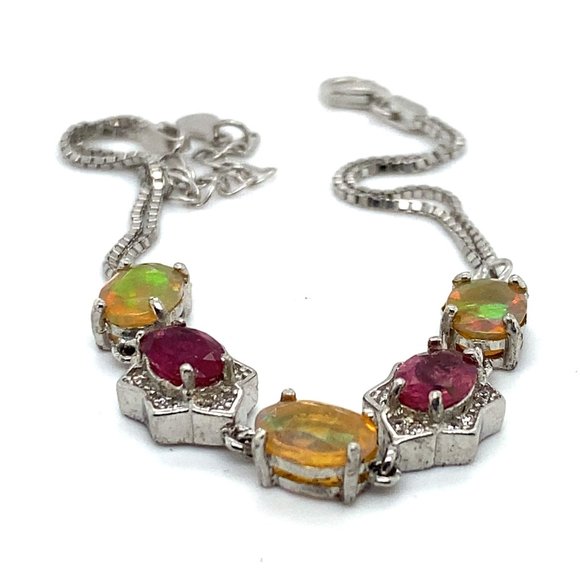 Opal 3.20ct Tourmaline 2.50ct Platinum Finish Solid 925 Sterling Silver Bracelet - Picture 2 of 7